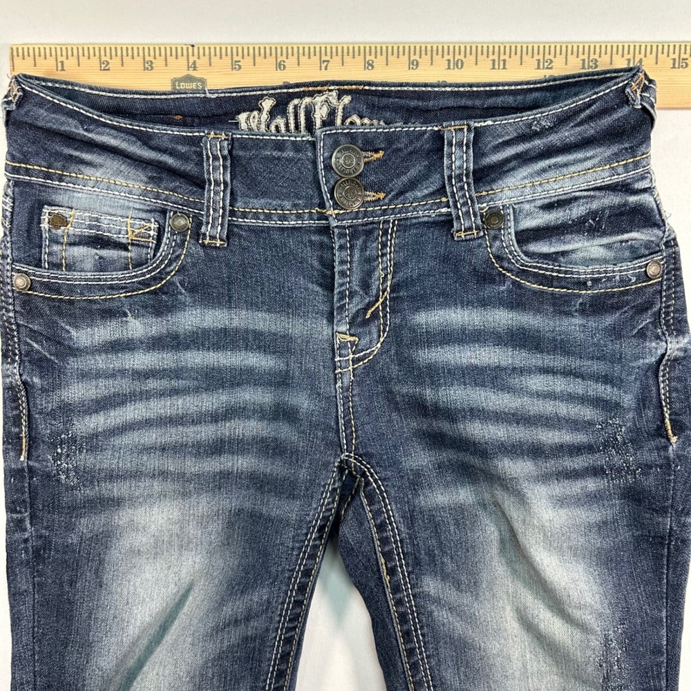 WallFlower Skinny Jeans Womens 3 Dark Wash Whiskered Thick Stitch Denim Low Rise - Picture 3 of 8